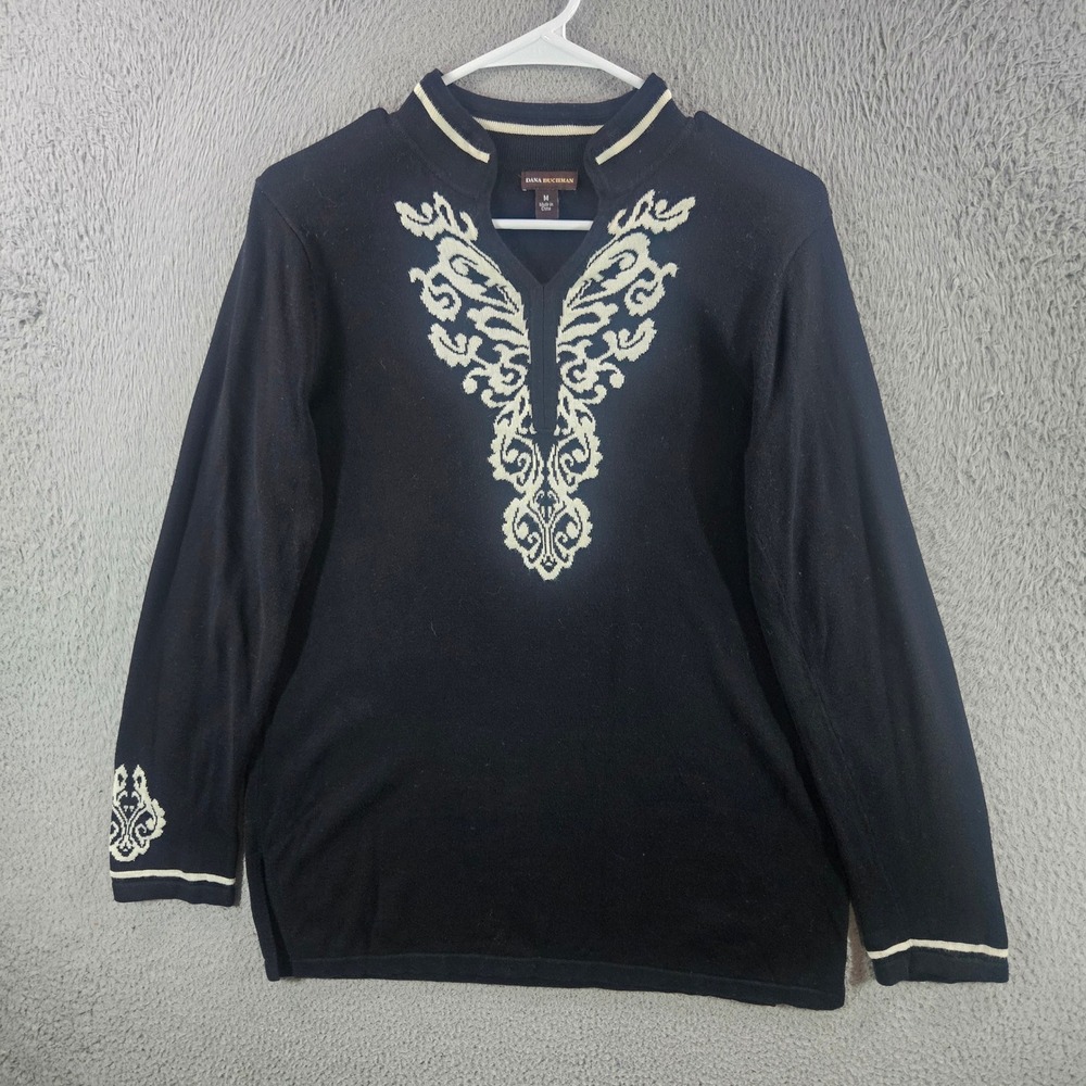 Dana Buchman Womens Black Scroll Embroidered Split Neck Sweater M Cotton Blend